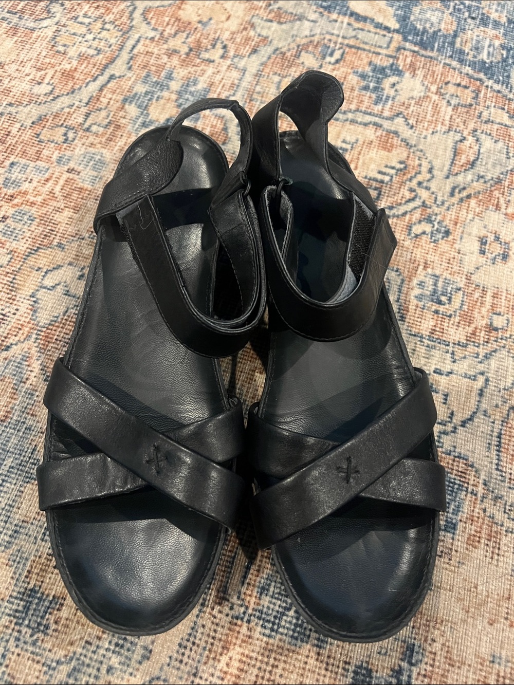 Camper Black Leather Women's comfort wedge strappy sandals size 39/8